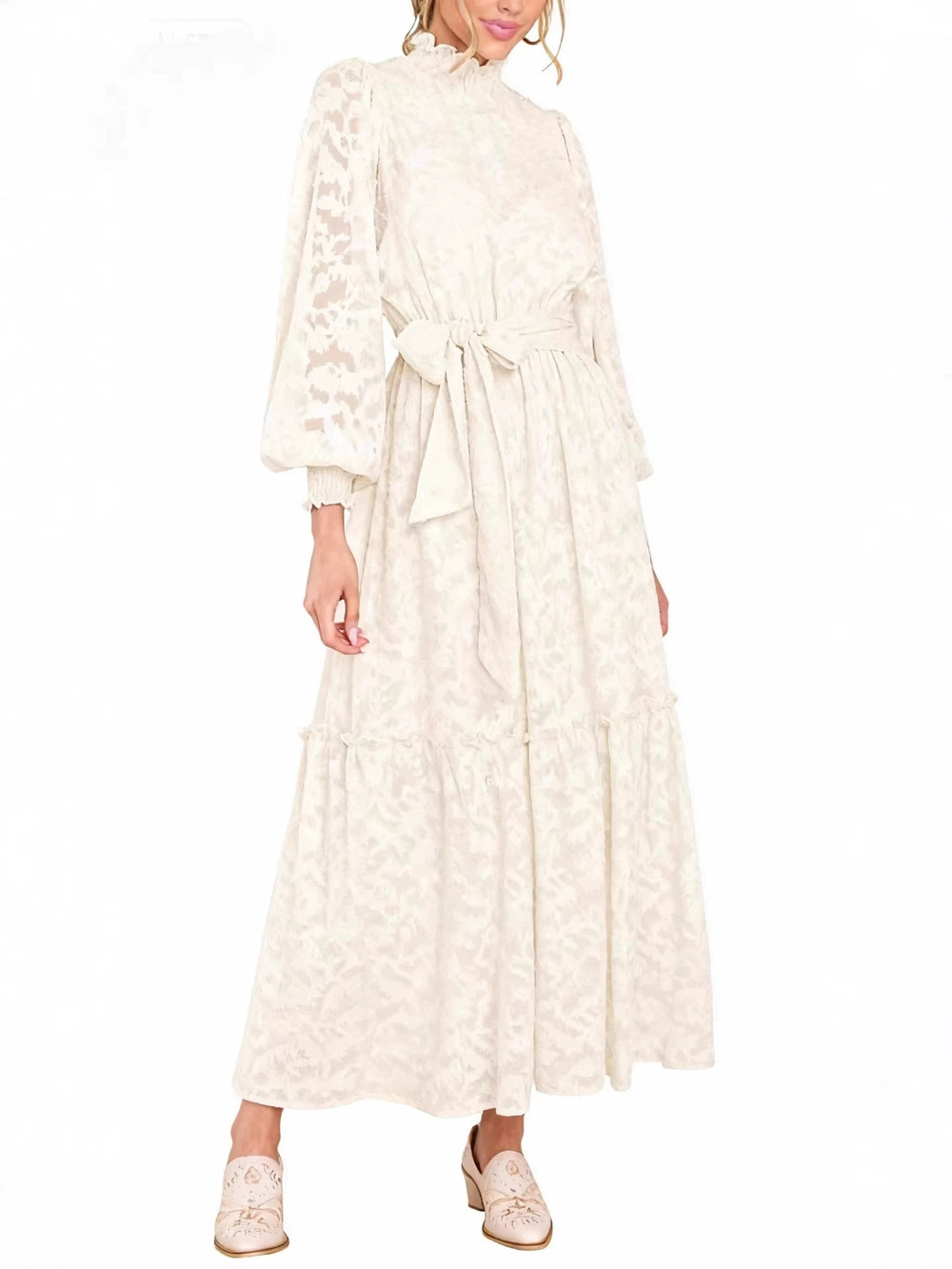 ZARA French Court Style Women Fall Tie Waist Lantern Sleeve Jacquard Maxi Dress